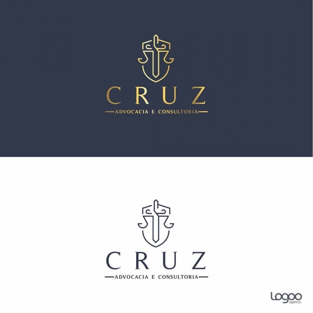 A marca é formada pela representação gráfica de um escudo, uma cruz e uma balança. As cores são sofisticadas e transmitem profissionalismo. As fontes são modernas e objetivas. para CRUZ Advocacia e Consultoria.